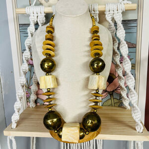 Vintage Bone & Brass Beaded Necklace - 1970s Chunky Boho‎ Bohemian Statement